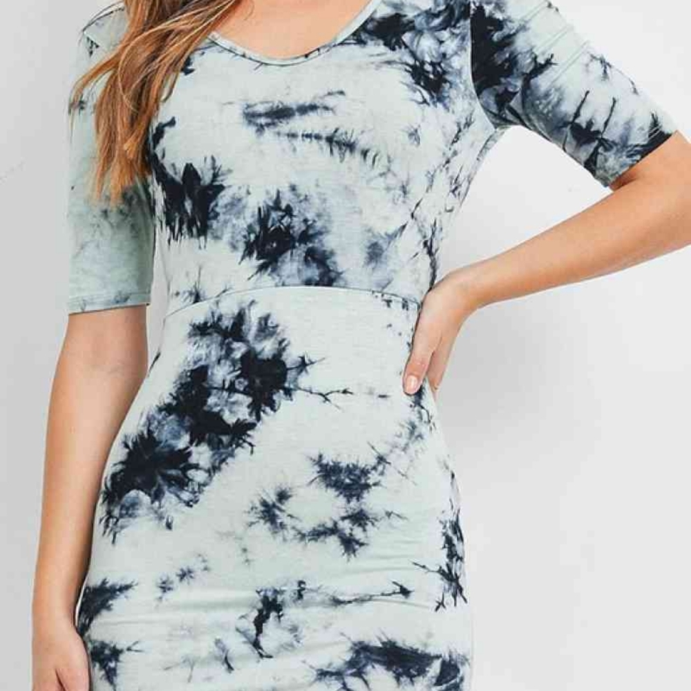 Tie Dye Cut Out Tie Back Bodycon Dress in Green Blue - Picture 4 of 5